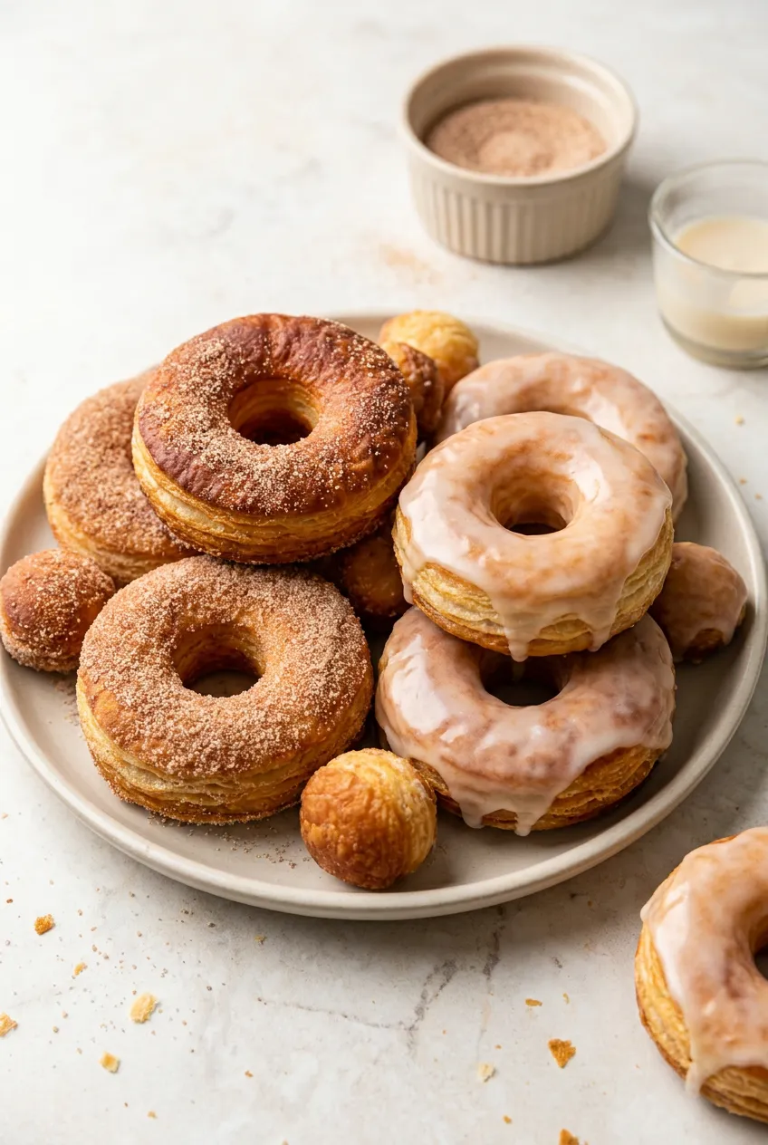 Air fryer puff pastry donuts—some cinnamon-sugar, some glazed—stacked on a plate with flaky golden layers.