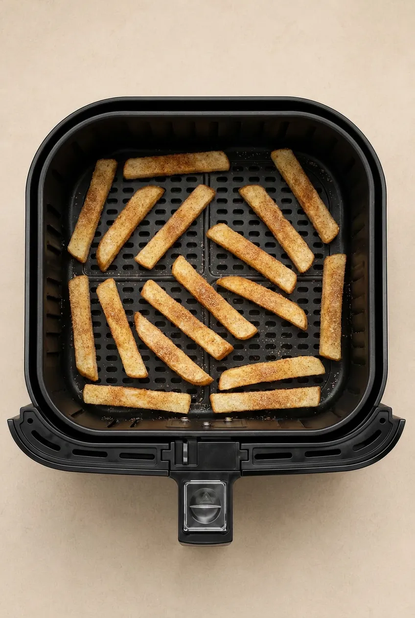 Air Fryer Apple Fries in a black basket, single layer apple sticks with lightly browned edges and a dry cinnamon-sugar coat.