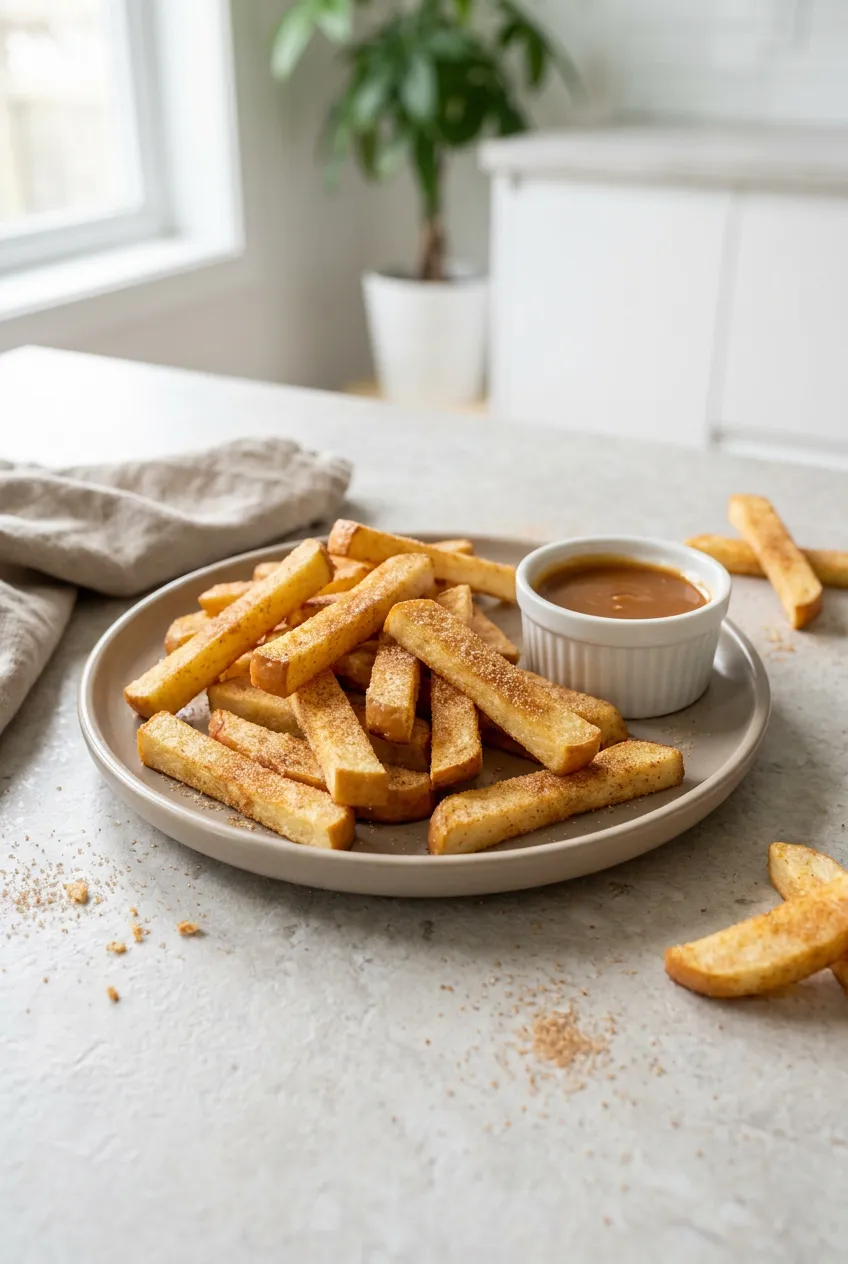 Air Fryer Apple Fries with cinnamon sugar on a plate, lightly browned, with a small ramekin of caramel dip.