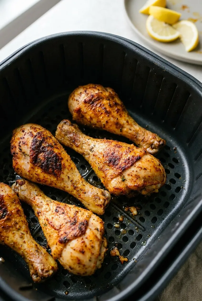 Close-up of air fryer chicken drumsticks in a basket with browned, lightly crisp skin and visible seasoning