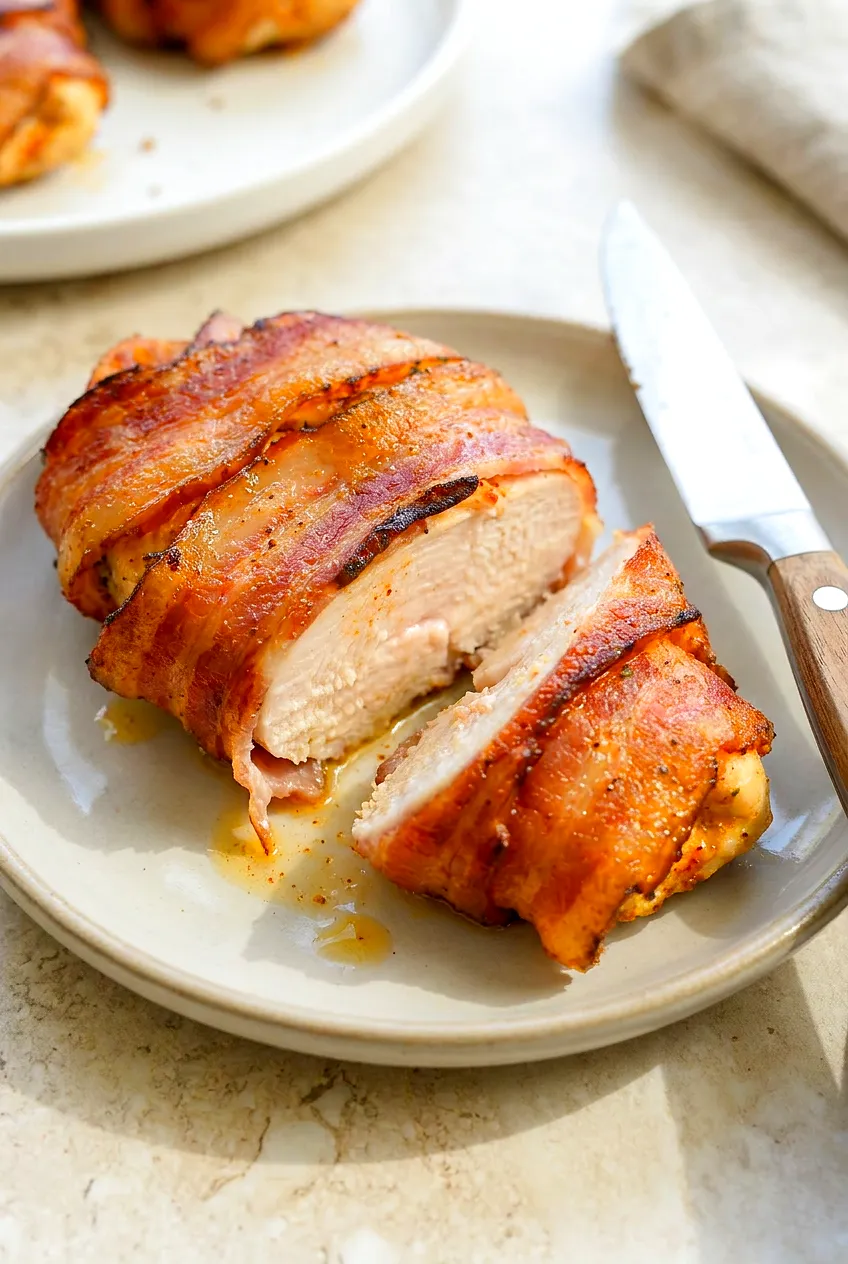 Close-up of sliced air fryer bacon-wrapped chicken breast showing a juicy center and crispy browned bacon with seasoning.