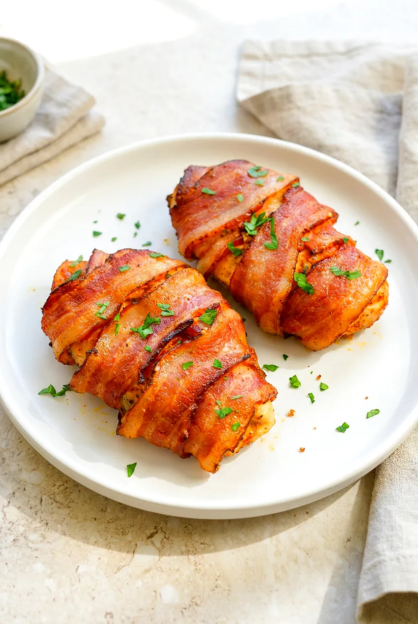 Air fryer bacon-wrapped chicken breast on a plate, golden-brown with crisp bacon edges and visible seasoning.