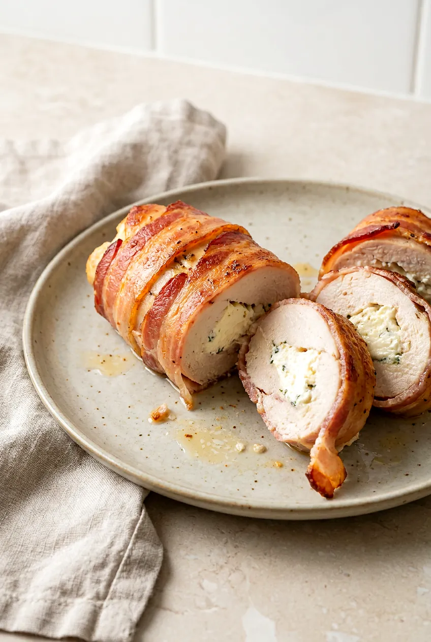 Air fryer bacon-wrapped cream cheese chicken breast, sliced on a plate with golden crisp bacon and creamy filling visible.