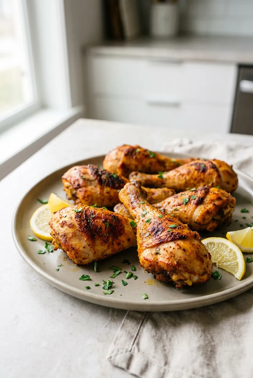 Air fryer chicken legs on a ceramic plate with crisp golden skin, paprika seasoning, and lemon wedges