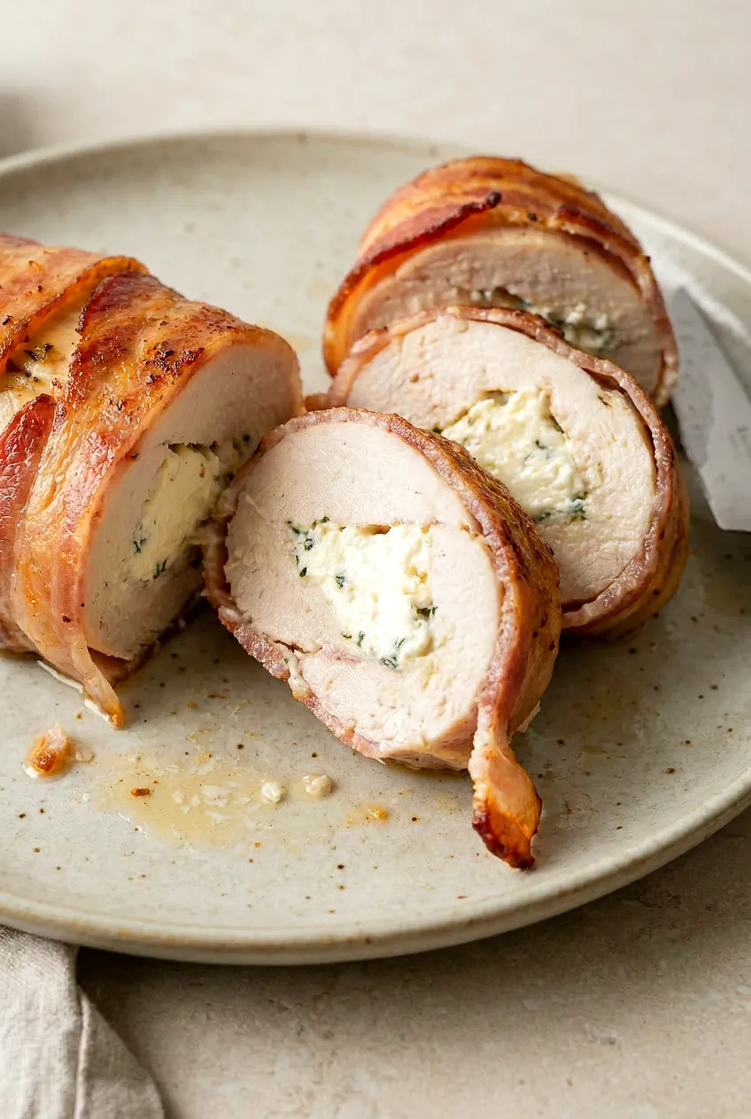 Close-up cross-section of bacon-wrapped cream cheese chicken showing melted filling, juicy meat, and golden crisp bacon.