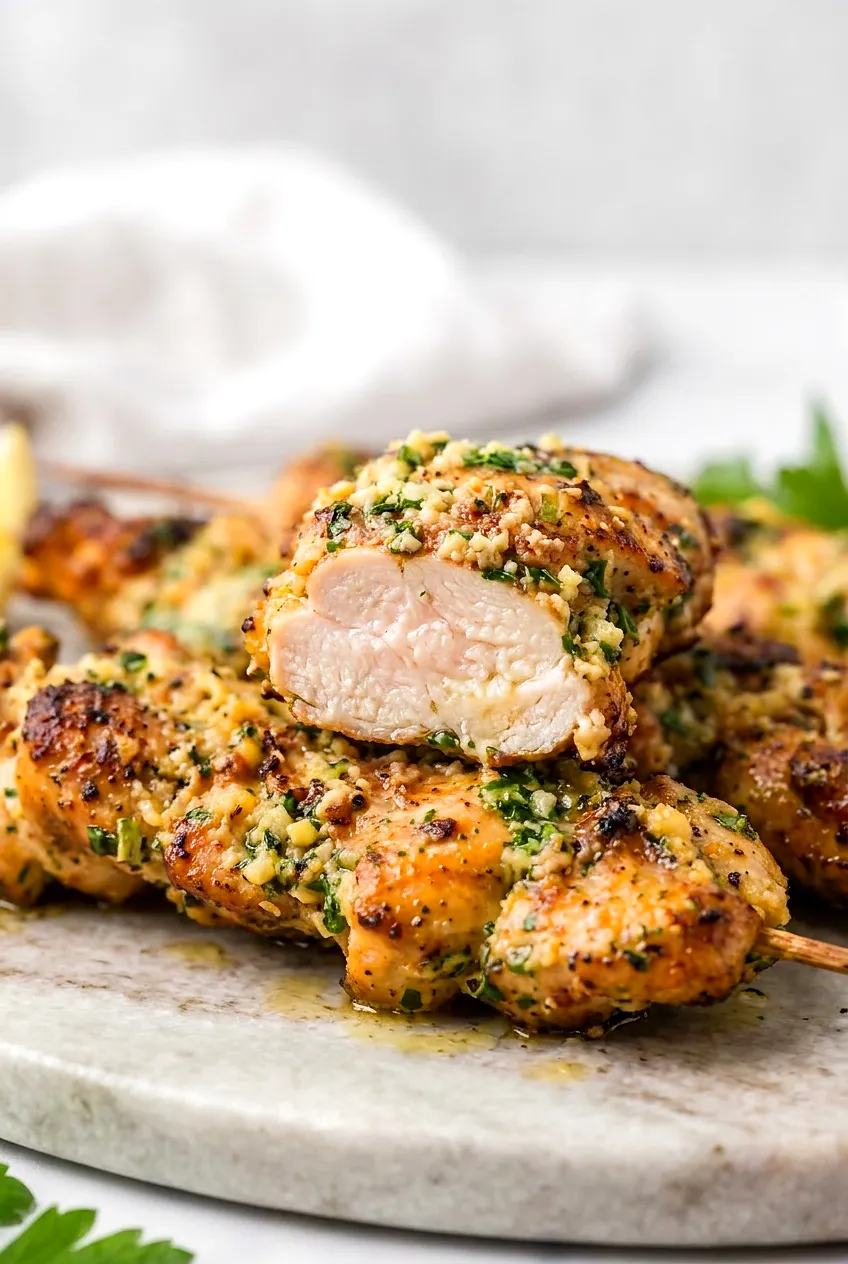 Close-up of a garlic Parmesan chicken skewer, juicy interior and glossy golden edges with charred spots and herb flecks.