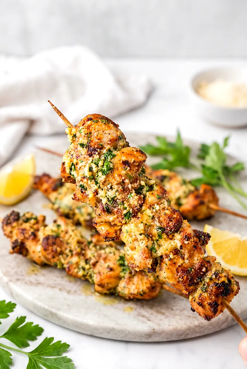 Air Fryer Garlic Parmesan chicken skewers on platter, golden-brown with light char and herb flecks, with lemon and parsley.