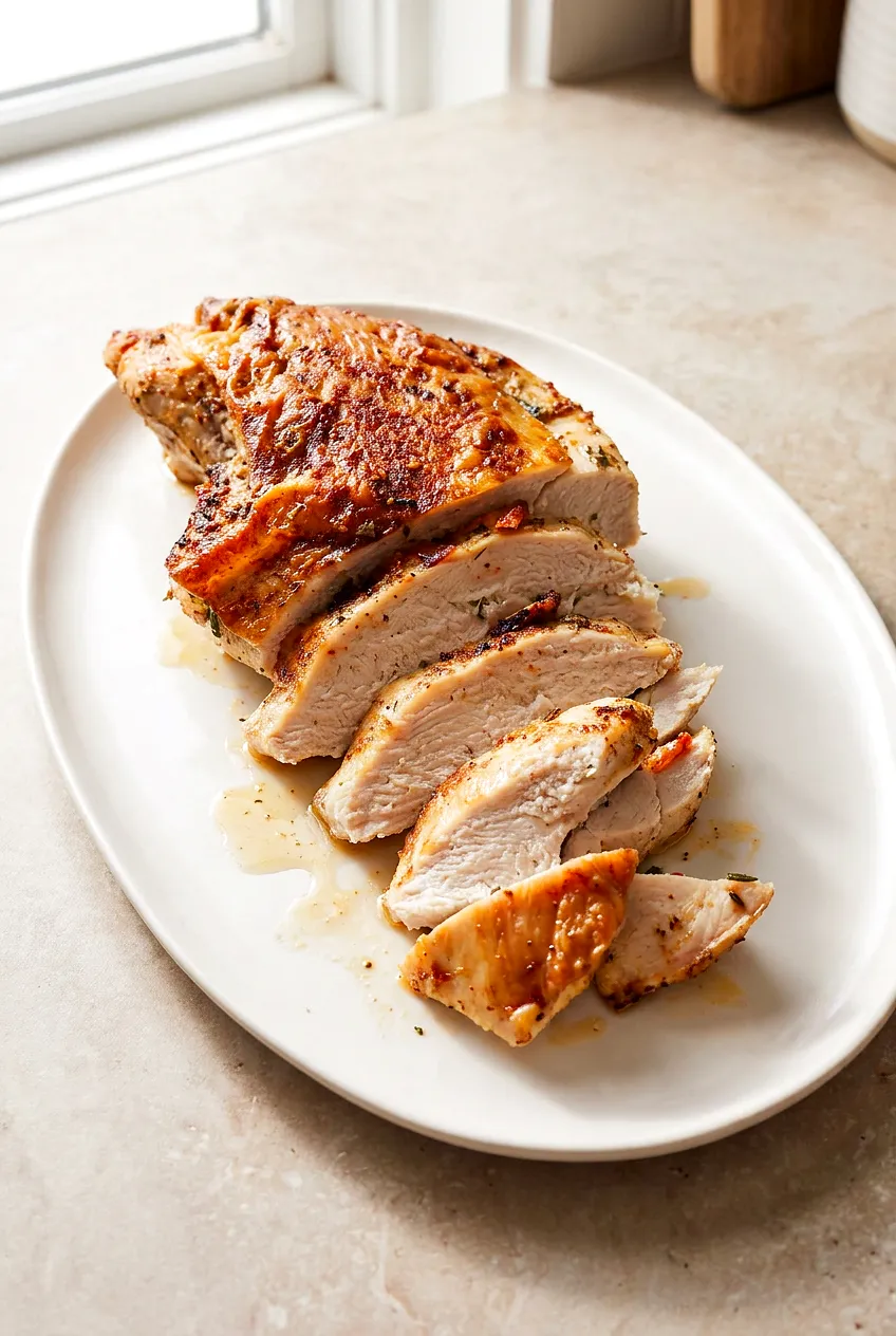 Sliced air fryer turkey breast on white platter, browned paprika-herb crust and juicy interior, resting juices.