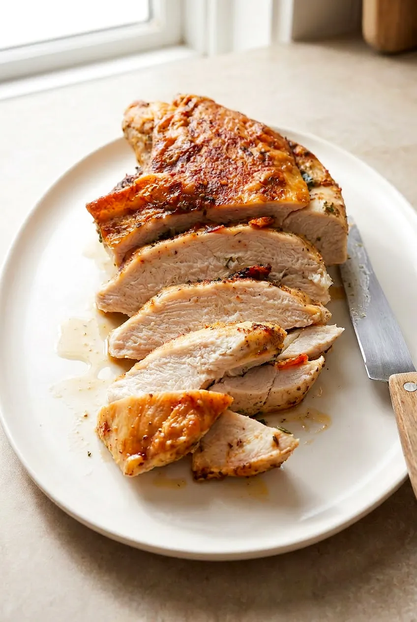 Close-up of sliced air fryer turkey breast showing juicy, tender interior and thin browned edges with visible seasoning.