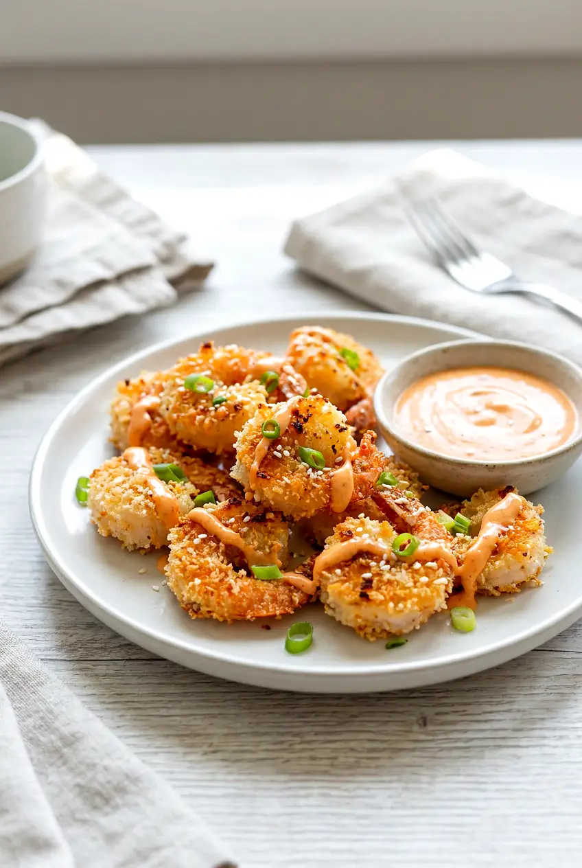 Air fryer shrimp panko served on a plate with spicy lime mayo and a sprinkle of scallions