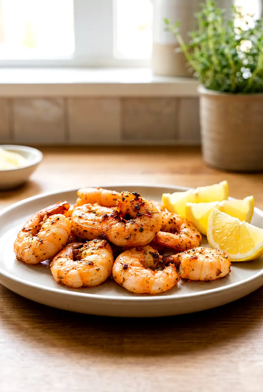 Air fryer shrimp served on a plate with lemon wedges, pink and lightly browned edges.
