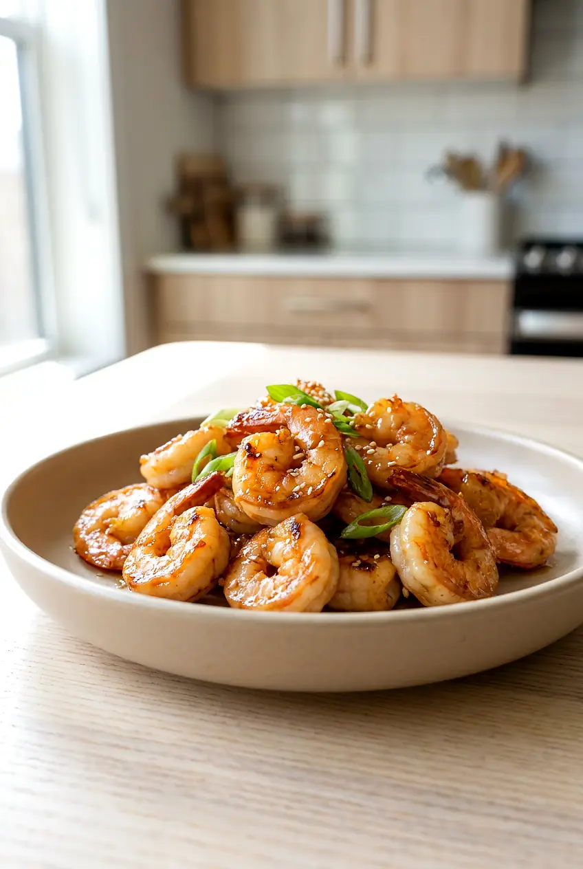 Air fryer honey garlic shrimp served on a plate with glossy glaze and green onion garnish
