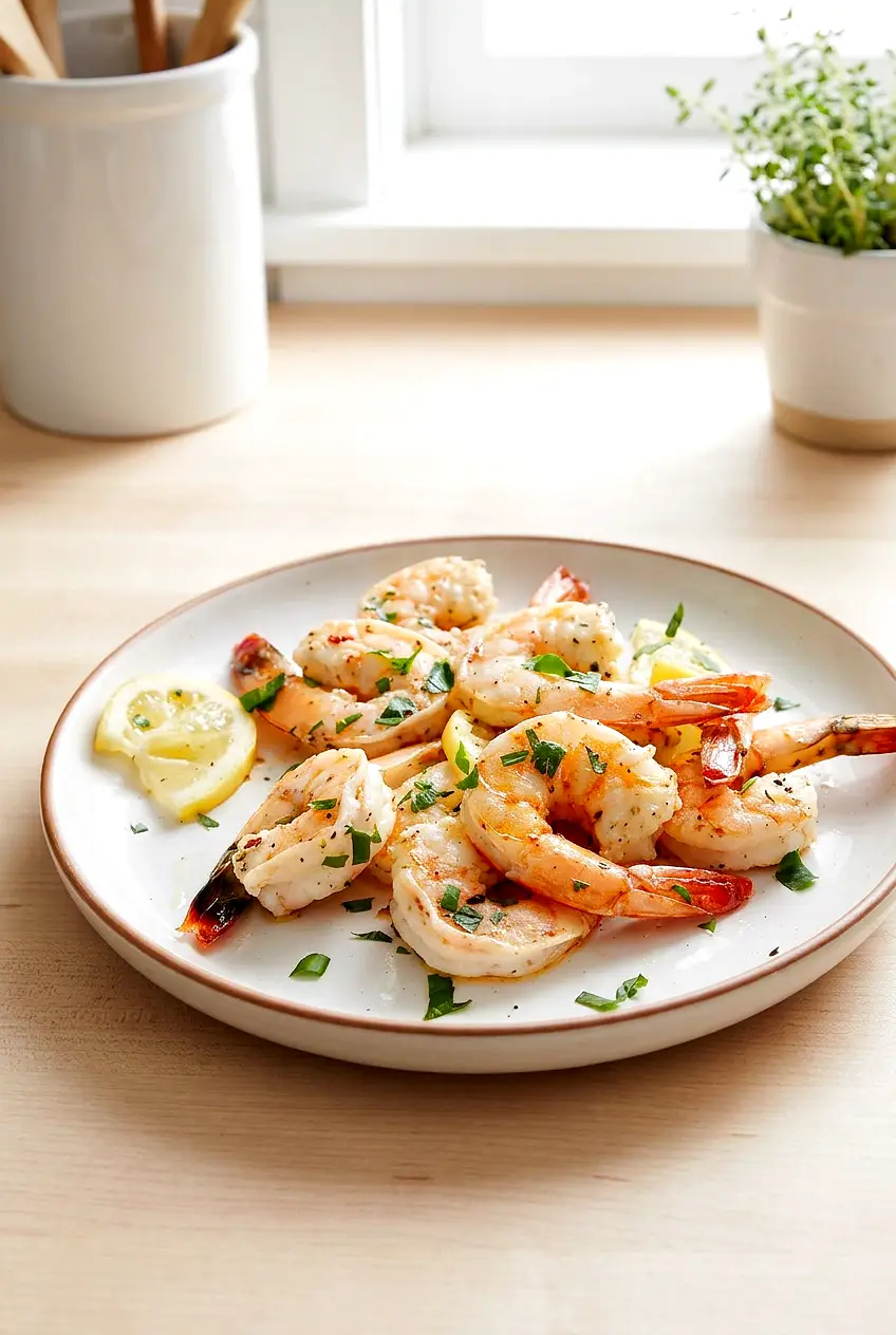 Air fryer lemon garlic shrimp plated with lemon wedges and parsley, lightly browned and juicy