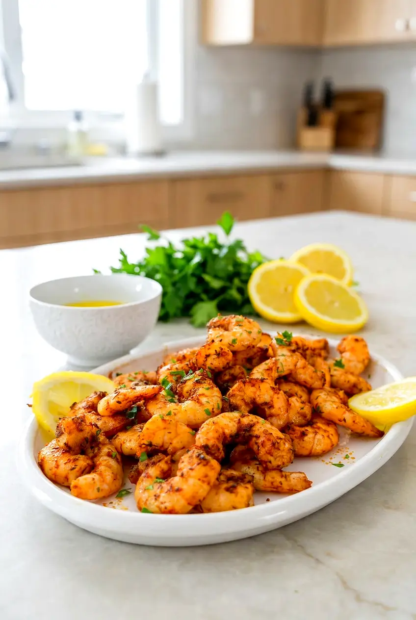 Air fryer Cajun shrimp plated with lemon slices on a simple serving plate
