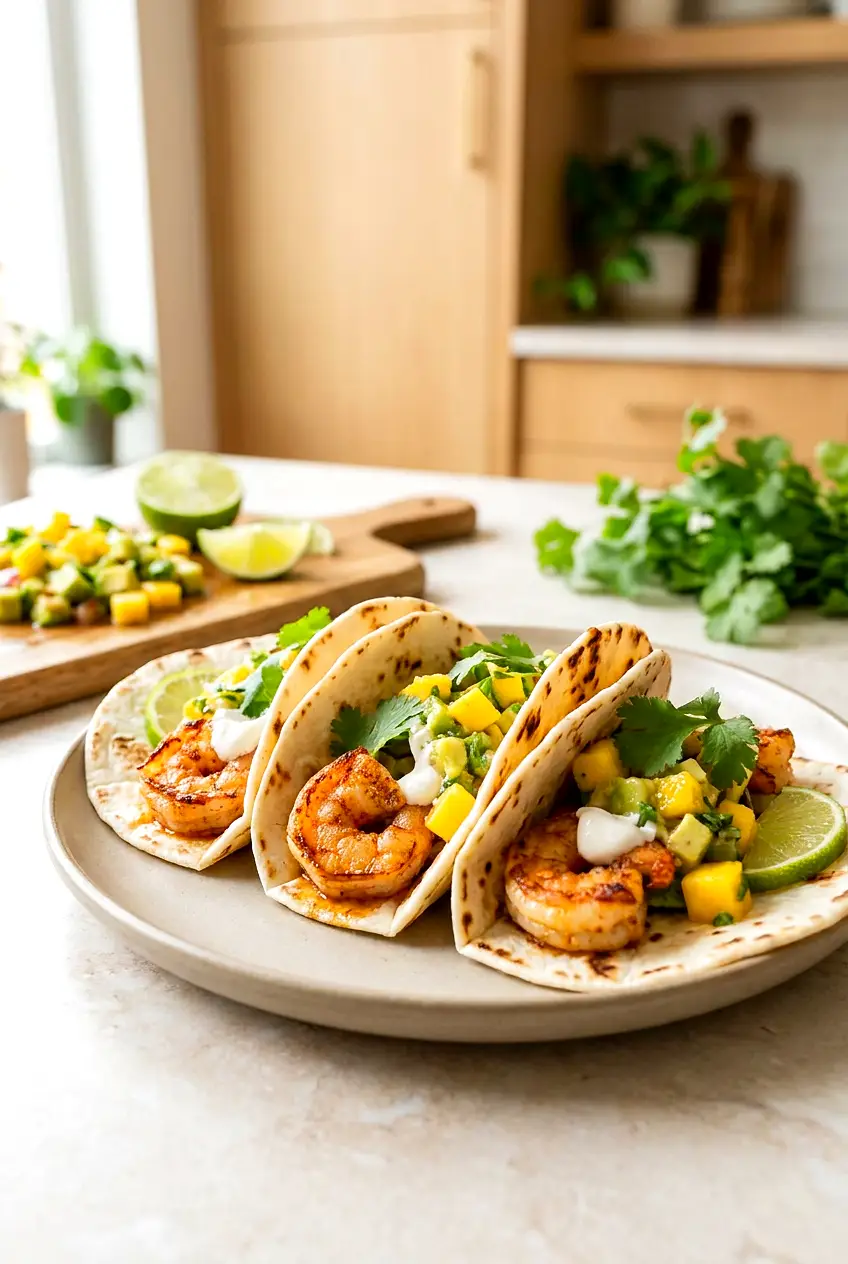 Air fryer shrimp tacos served on warm tortillas with mango-avocado salsa and cilantro