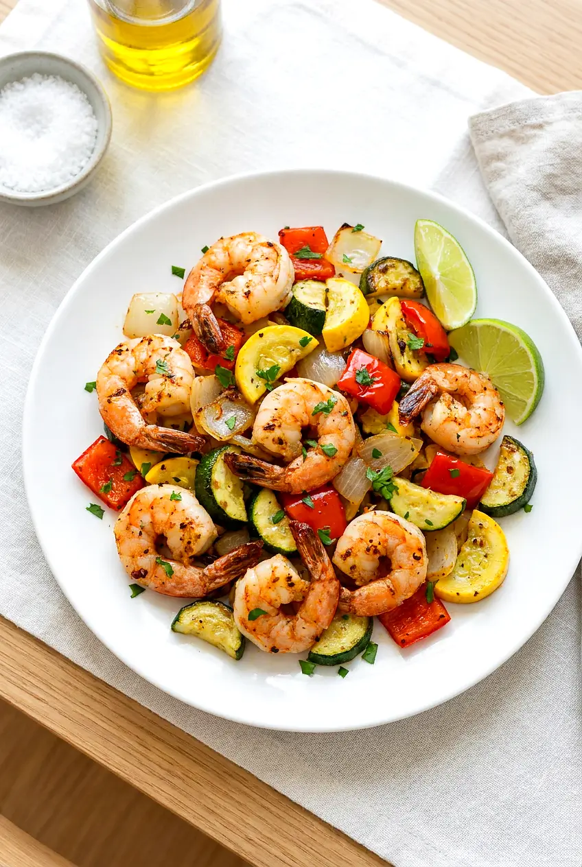 Air fryer shrimp and vegetables served on a plate with browned zucchini, squash, peppers, onion, and lime wedges