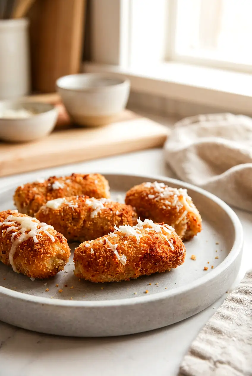 Air fryer potato croquettes topped with cheese on a cooling rack