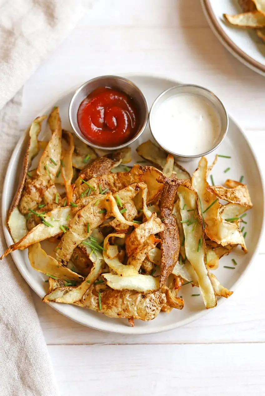 Air fryer potato peels served on a plate with chives, ketchup, and vegan salad dressing
