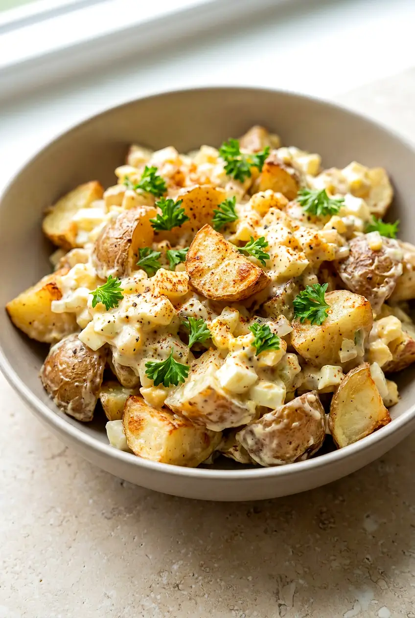 Air fryer potato salad served in a bowl with creamy dressing, chopped eggs, and browned roasted potatoes