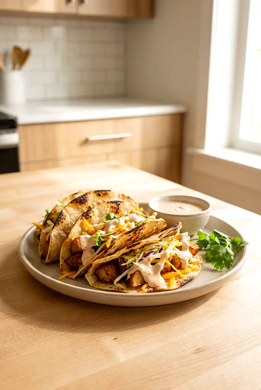 Air fryer potato tacos on a plate with crispy seasoned potatoes, shredded lettuce, cheddar, and chipotle-style sauce