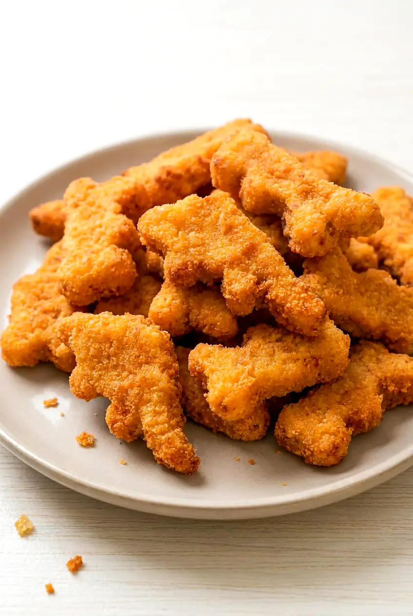 Pile of crispy air fryer dino nuggets on a plate