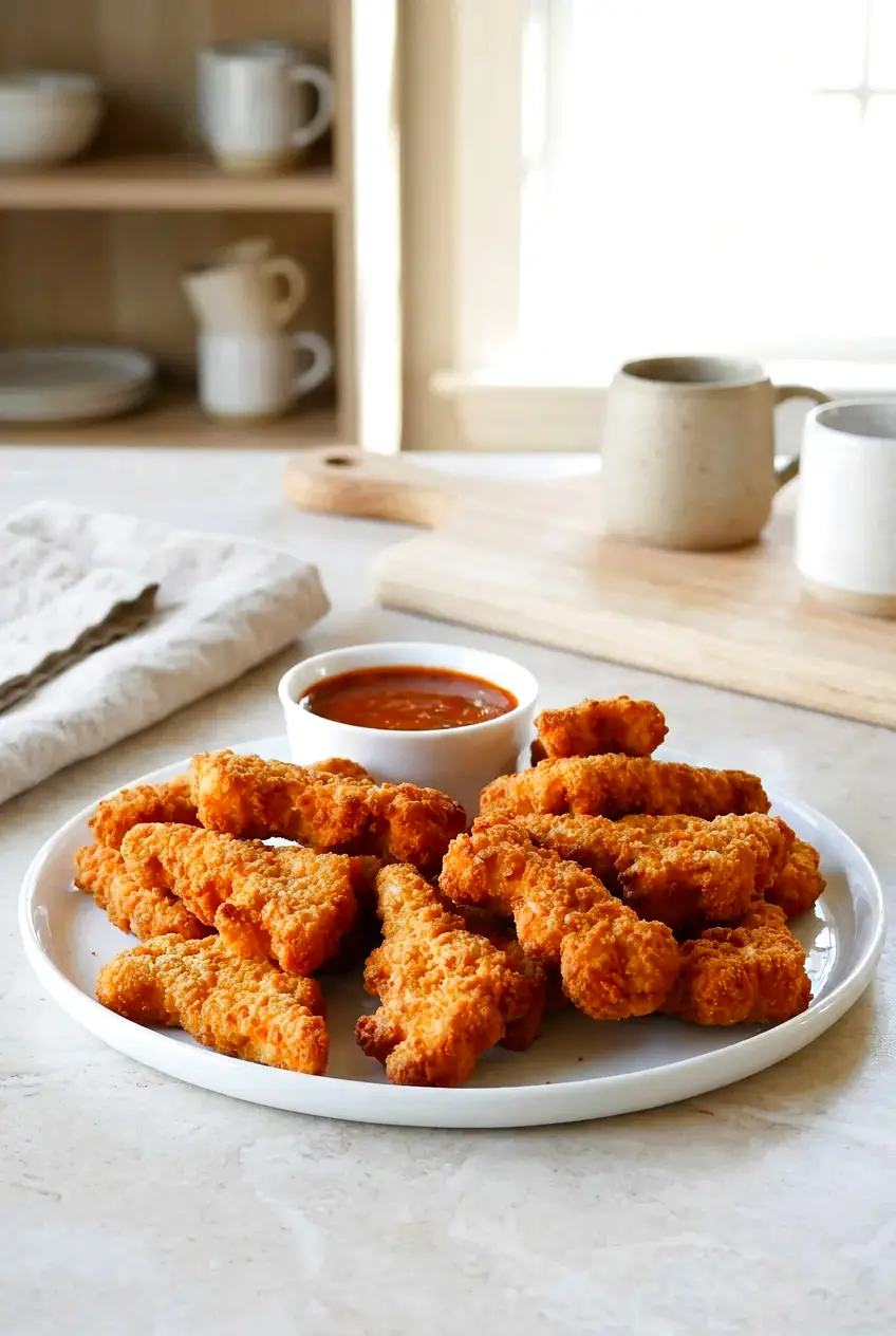 Air fryer Tyson Dino Nuggets on a white plate with crispy golden nuggets and a bowl of red dipping sauce