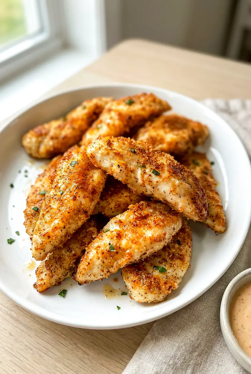Air fryer chicken tenders no breading served on a platter with browned edges and chopped parsley