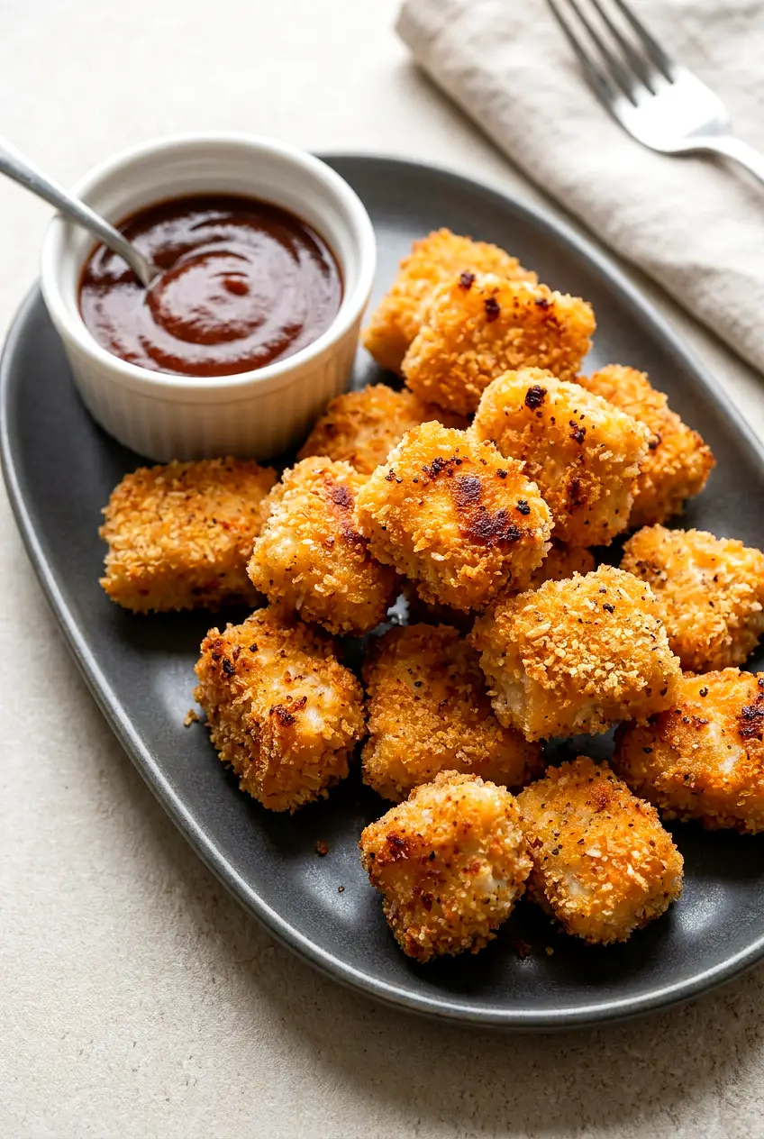 Air fryer chicken bites on a platter with BBQ sauce for dipping