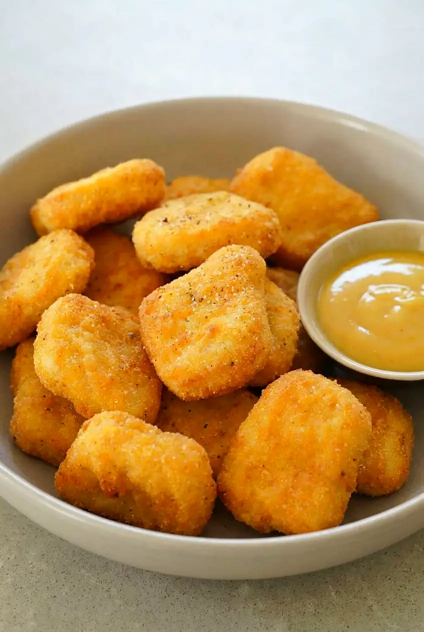 Air fryer frozen nuggets served in a bowl with honey mustard dipping sauce