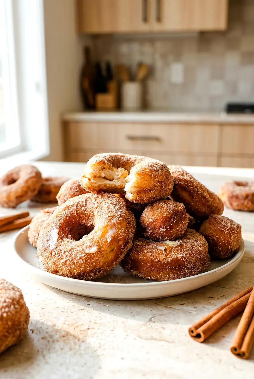 Air fryer cinnamon sugar donuts on a plate with a buttery cinnamon sugar coating
