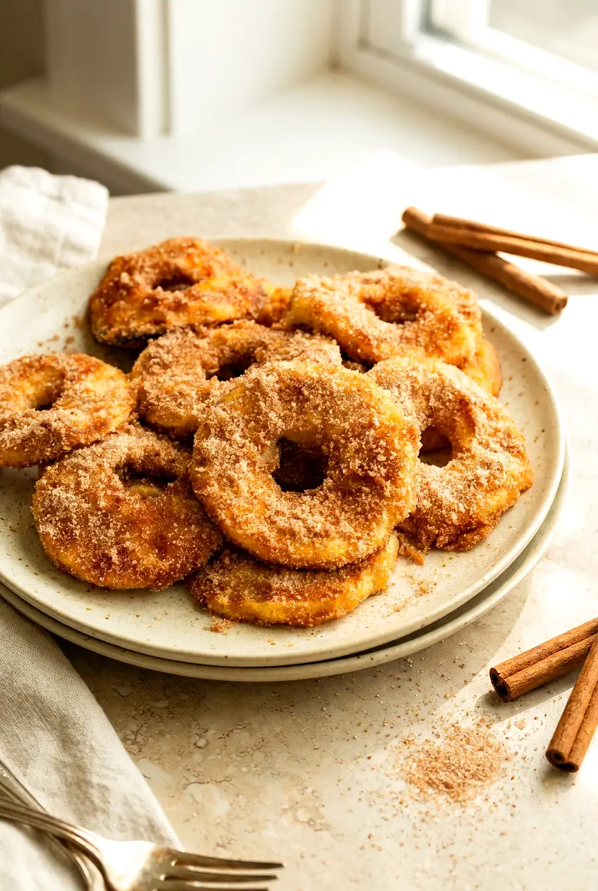 Air fryer crispy cinnamon apple rings served warm on a plate with a cinnamon-sugar coating