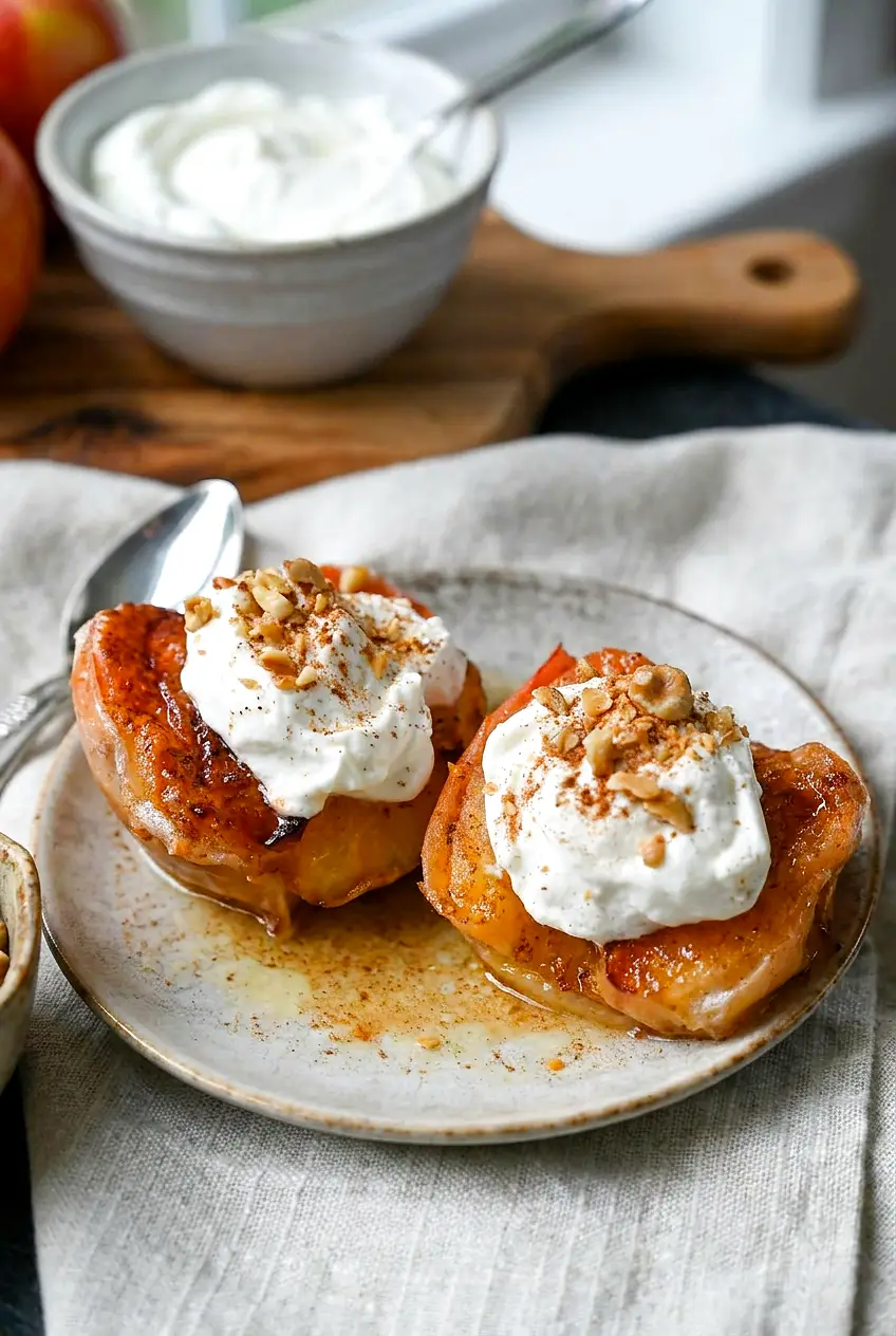 Air fryer apples with Greek yogurt, toasted walnuts, and maple cinnamon glaze on a plate