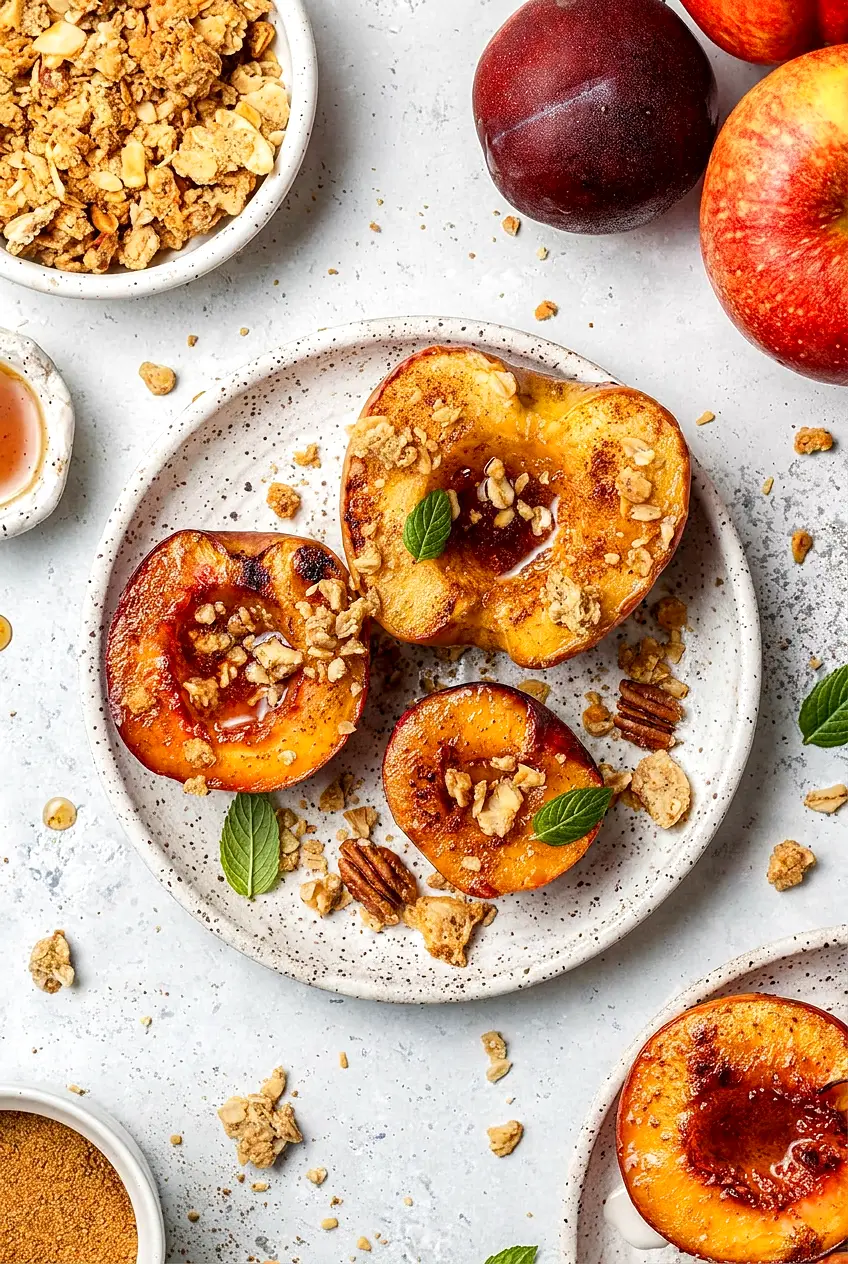 Air fryer apple halves served warm on a plate with cinnamon coating and crunchy granola