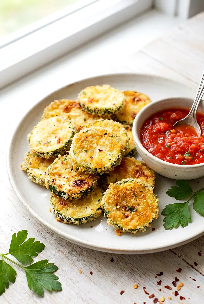 Air fryer zucchini chips served on a plate with golden crisp edges