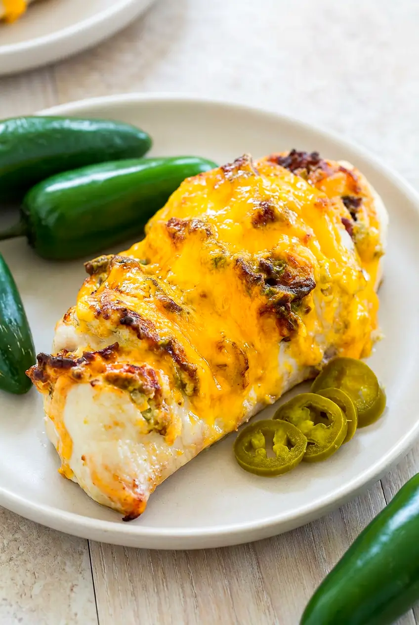 Air fryer jalapeno popper Hasselback chicken served on a plate with melted cheese and bacon filling