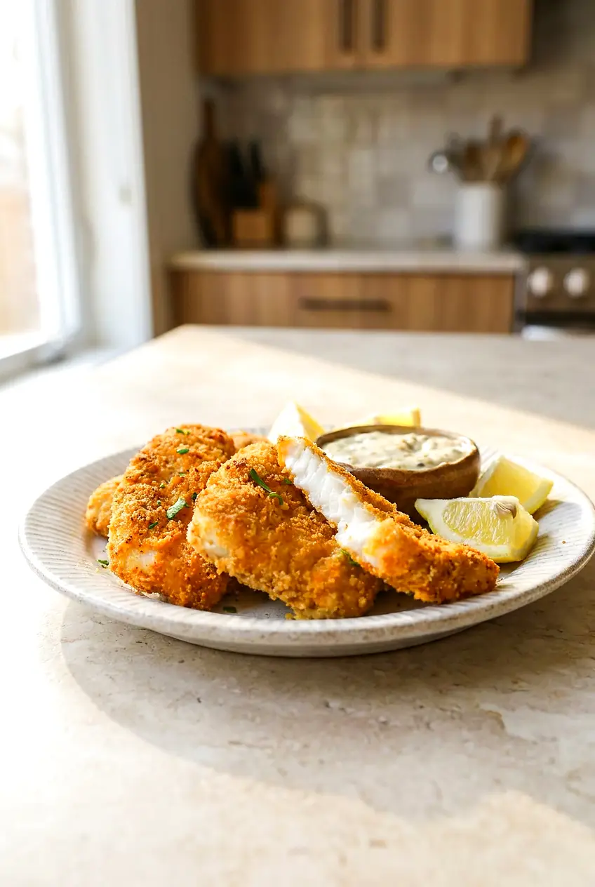 Air fryer crispy white fish plated with lemon wedges and a golden cornmeal crust