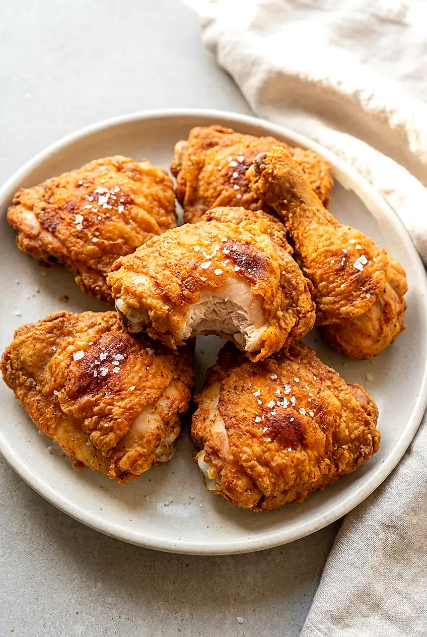 Air Fryer buttermilk fried chicken piled on a plate with a golden crispy crust