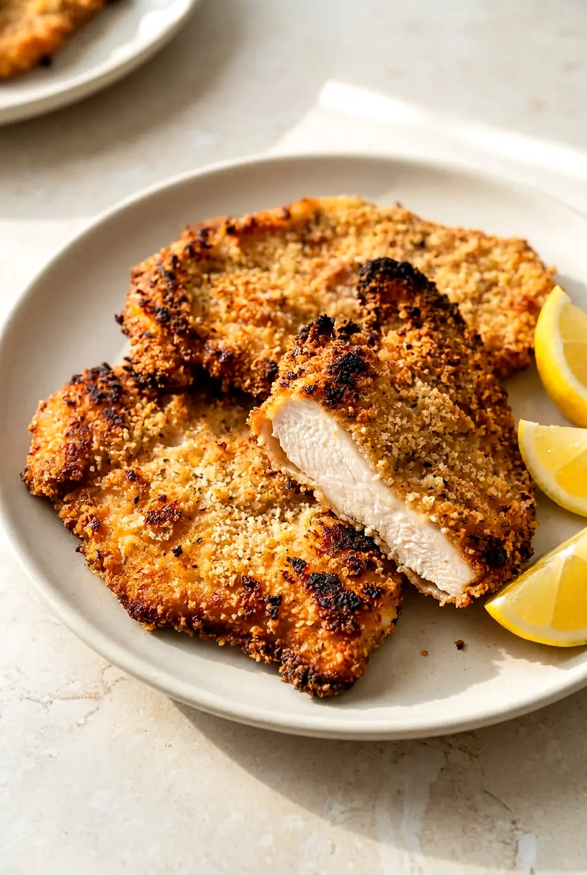 Plated air fryer chicken cutlets with a golden breadcrumb crust and lemon wedges on a simple serving plate.