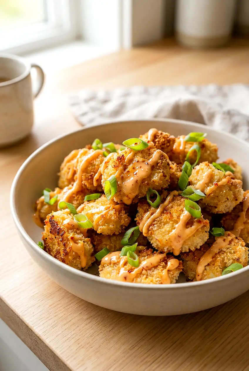 Air fryer bang bang chicken served on a plate with creamy sauce and green onions.