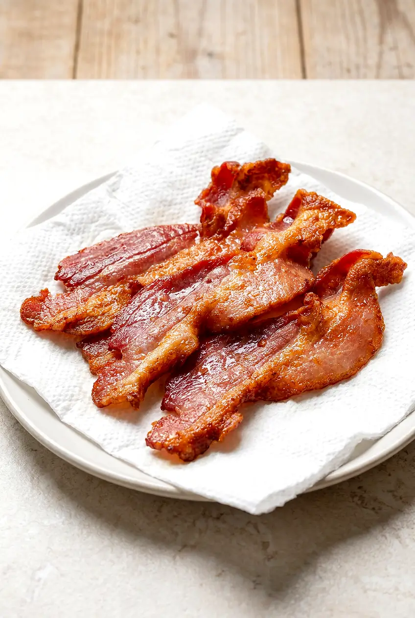 Air fryer thick cut bacon served on a paper towel-lined plate with browned, crisp edges