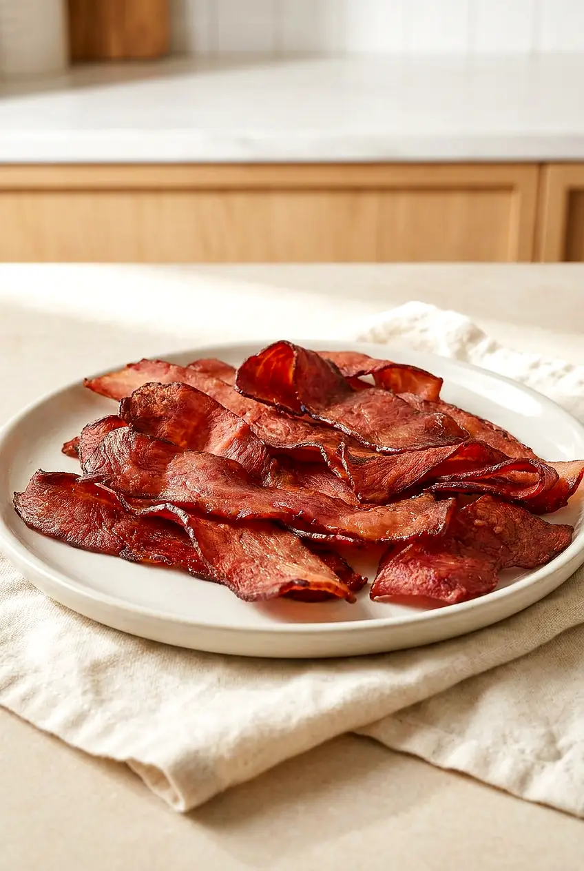 Air fryer turkey bacon served on a plate with browned, lightly crisp edges.