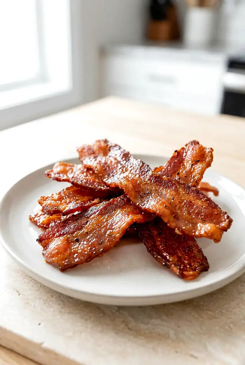Air fryer candied bacon on a plate with crisp caramelized edges and a glossy brown sugar coating