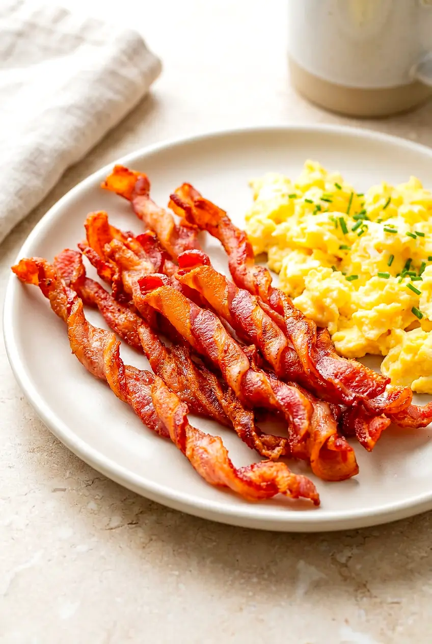 Air Fryer Twisted Bacon served on a plate with eggs