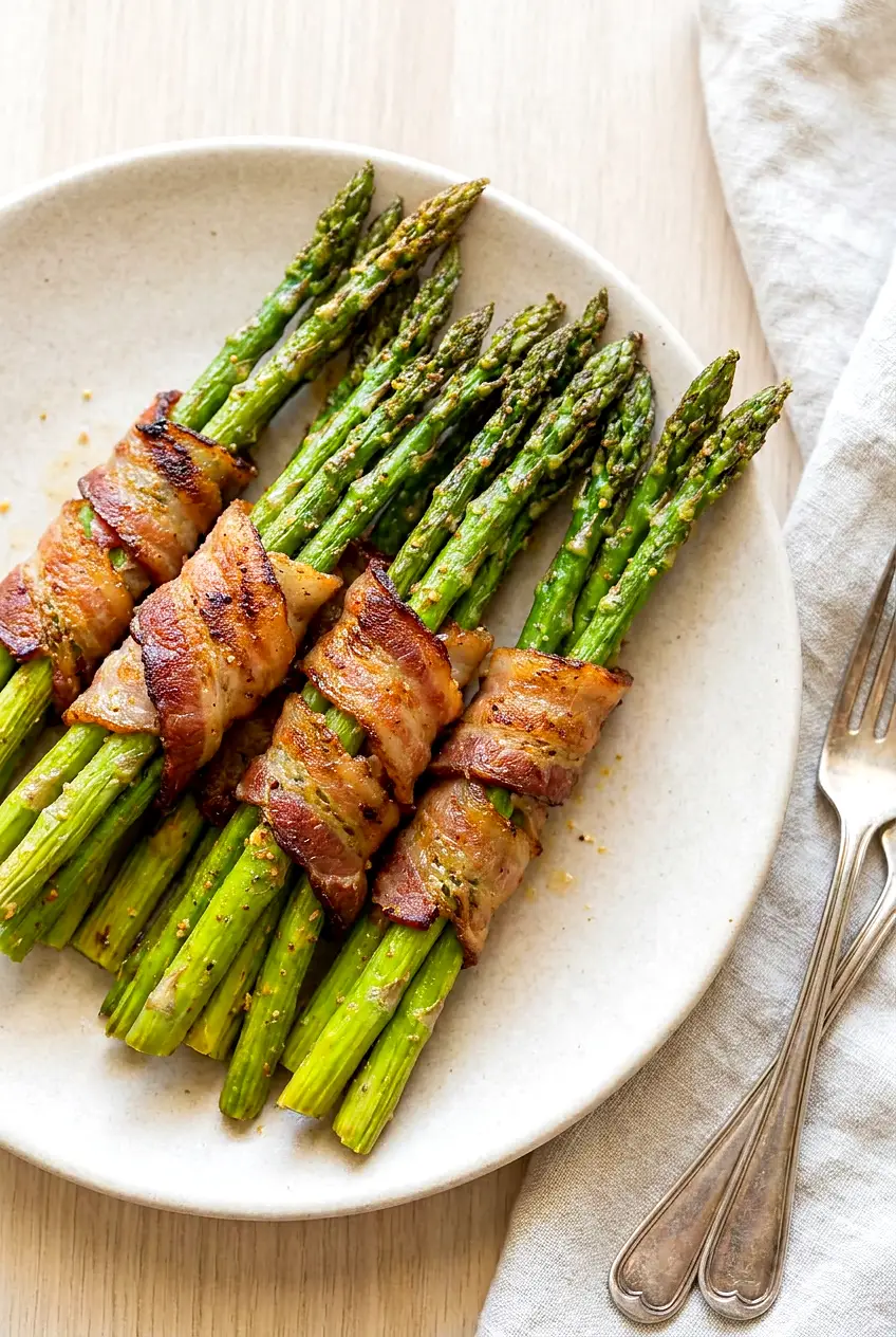 Air fryer bacon wrapped asparagus bundles plated with forks beside them