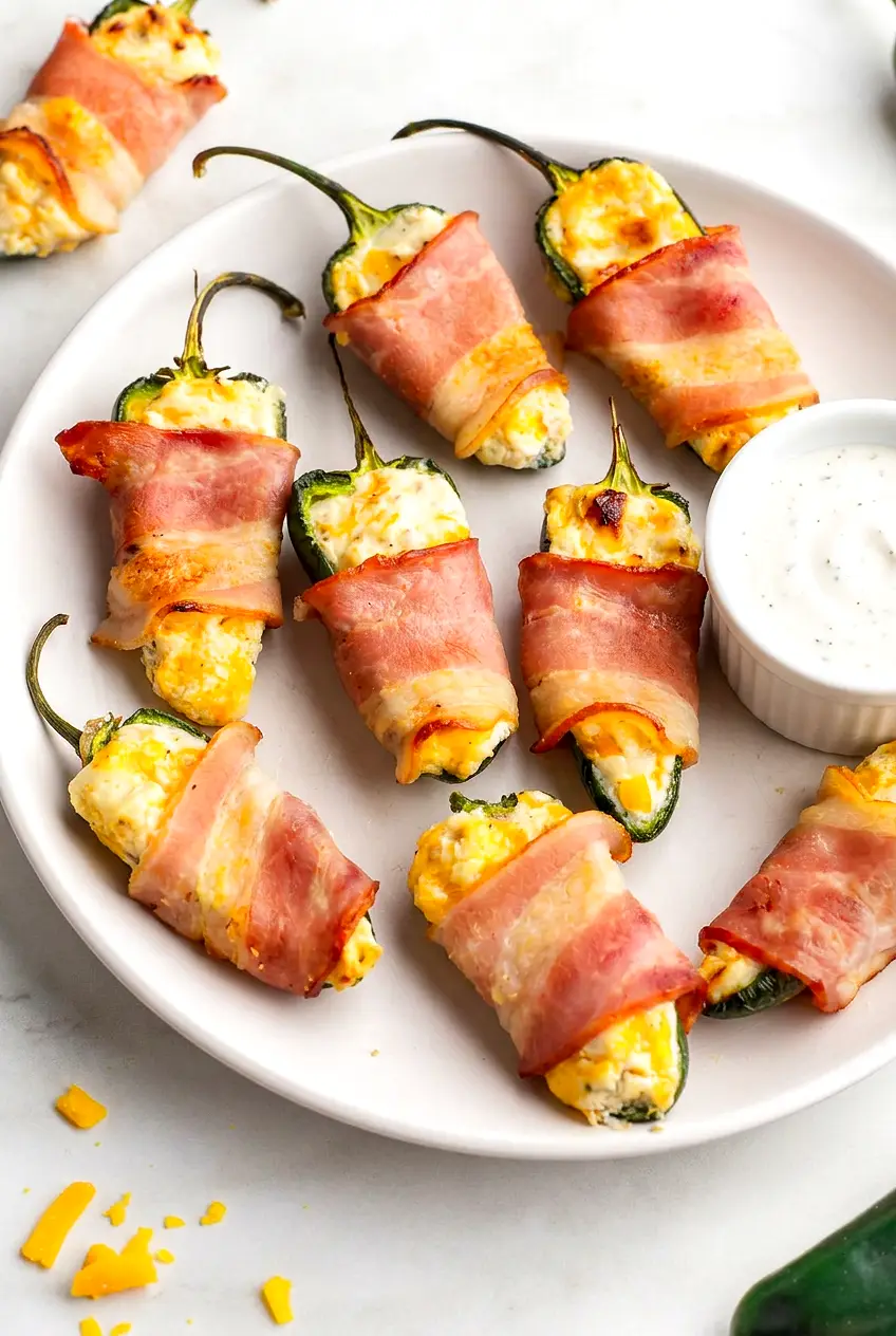 Air fryer bacon wrapped jalapeno poppers plated with crisp bacon and creamy cheese filling