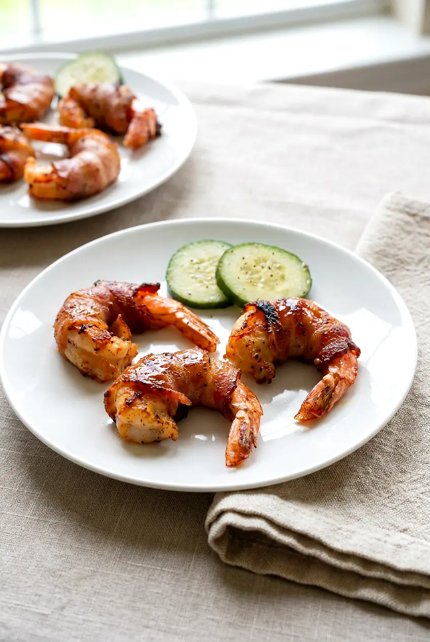 Air fryer bacon wrapped shrimp on white plates with a light BBQ glaze and browned bacon.