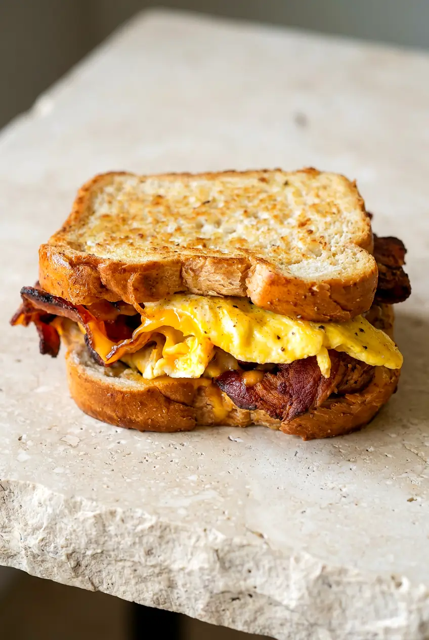 Air fryer bacon and egg breakfast sandwich served on a plate with golden toasted bread and melted cheddar.