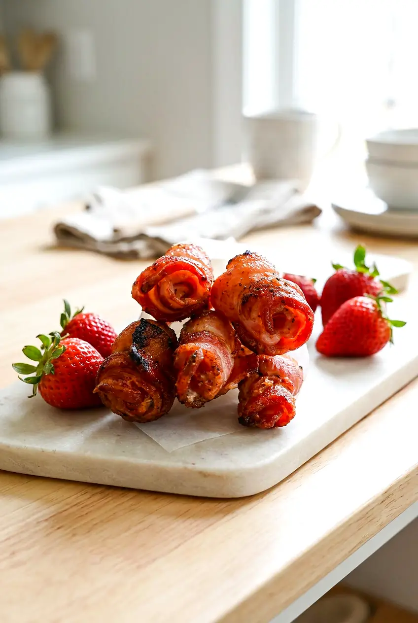 Air fryer bacon roses plated as a bouquet with strawberries on a serving dish