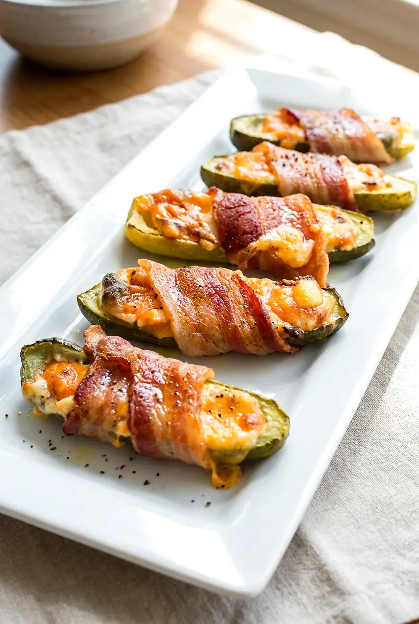 Air fryer bacon wrapped pickles served on a white tray, browned and crisp
