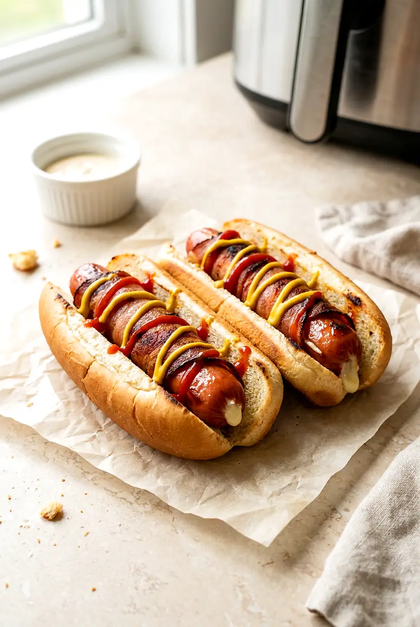 Air fryer bacon wrapped hot dogs in buns with mustard and ketchup on top